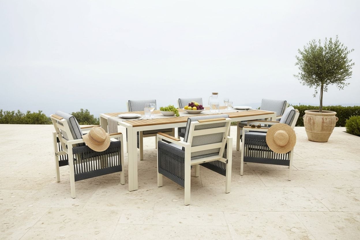 100x200 Alüminyum Enzo Masa Takımı | (Alüminyum Kumsal 6 Sandalye)